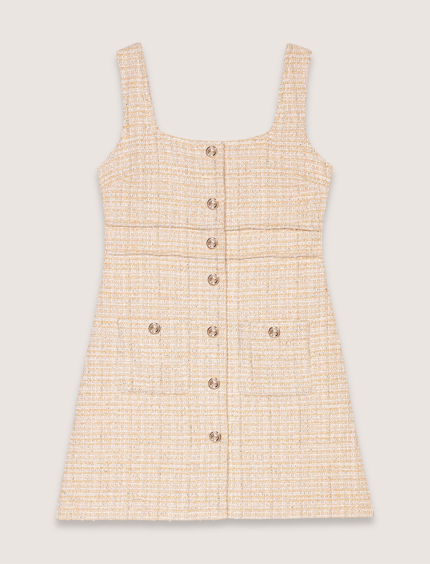 Đầm ngắn hai dây tweed cổ vuông